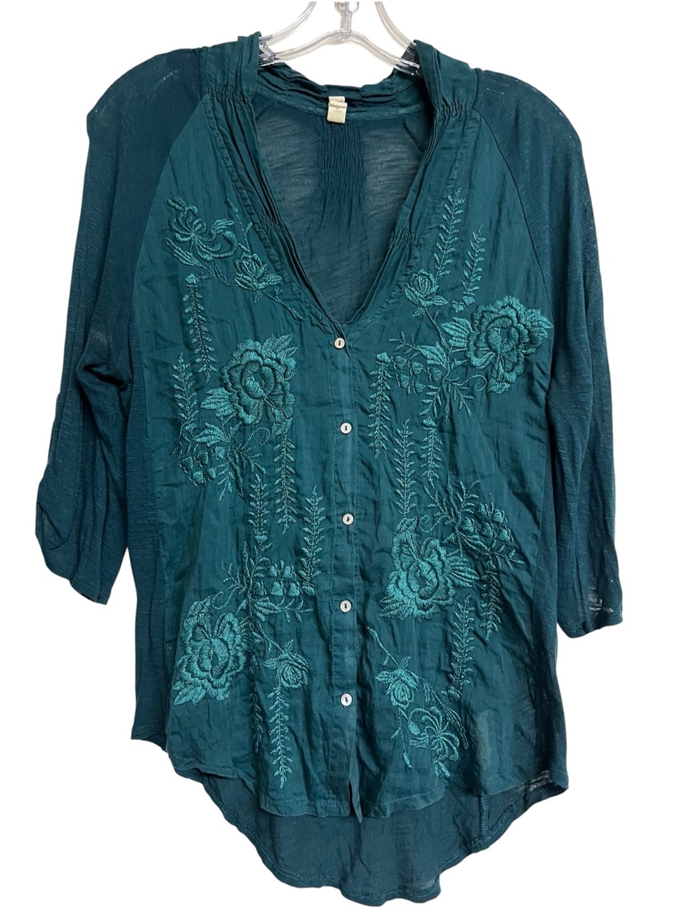 Anthropologie Tiny Embroidered Floral V-Neck Button Top Romantic Renaissance